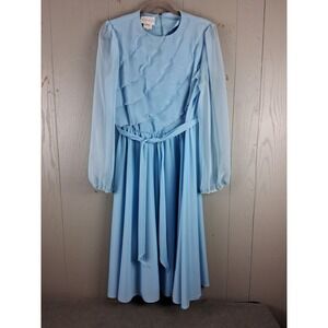 Vintage 70s Fit & Flare Sky Blue‎ Dress M 16.5 Ruffles Tie Waist Balloon Sleeve